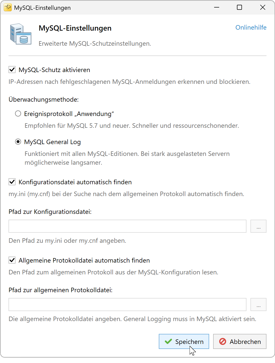 MySQL-Einstellungen mit ausgewähltem allgemeinem MySQL-Protokoll und automatischer Erkennung