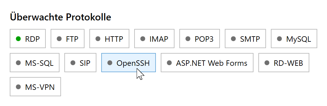 Deaktivierter OpenSSH-Schutz im RdpGuard-Dashboard
