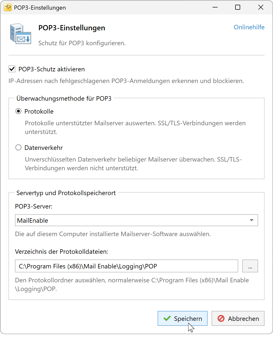 POP3-Einstellungen mit ausgewählter Protokollüberwachung und einem MailEnable-POP3-Protokollordner