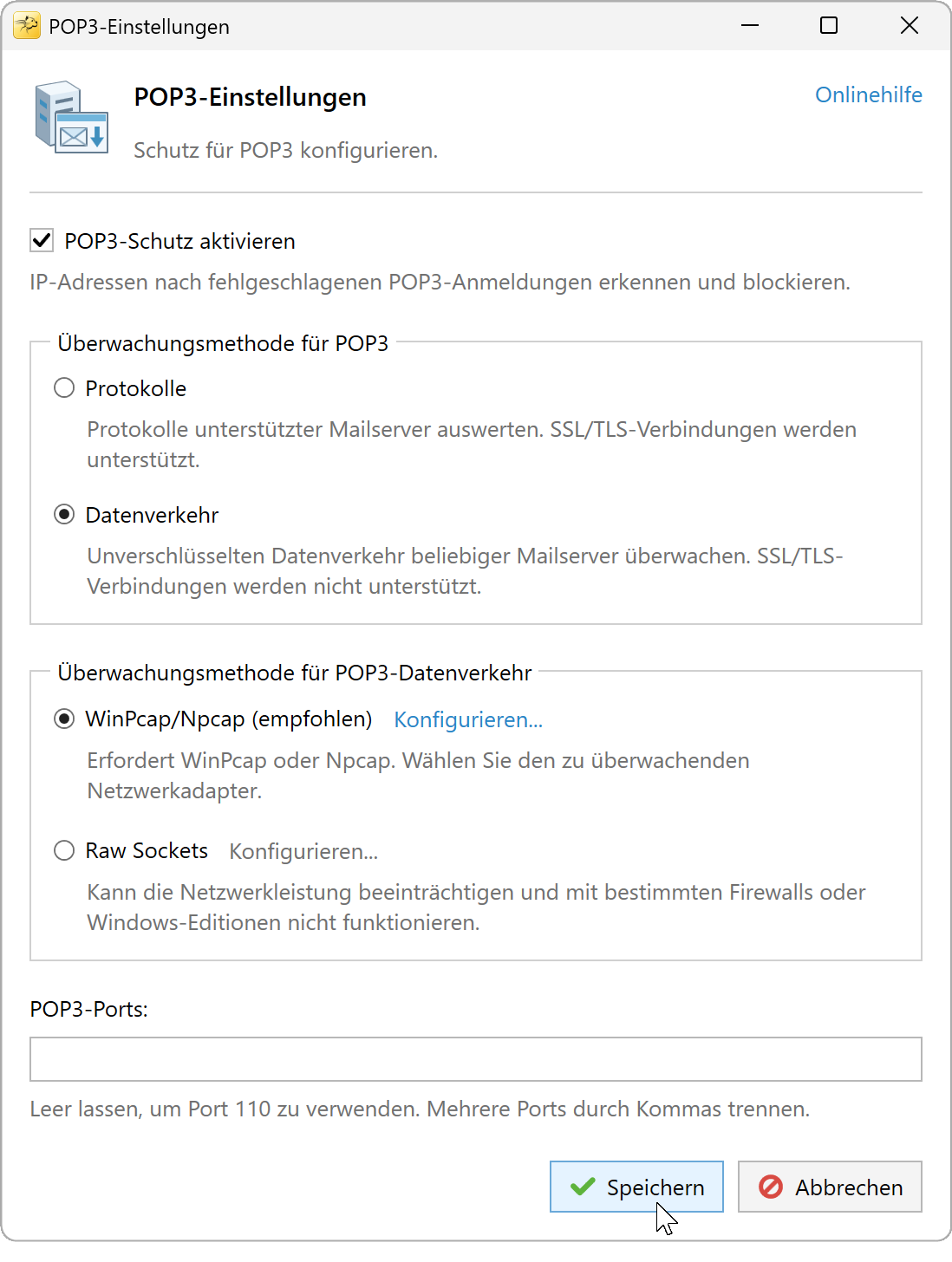 POP3-Einstellungen mit ausgewählter Datenverkehrsüberwachung und WinPcap/Npcap sowie leerem Feld POP3-Ports