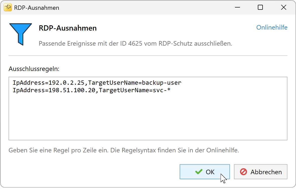Dialogfeld RDP-Ausnahmen mit zwei Beispielregeln für IP-Adressen und Benutzernamen