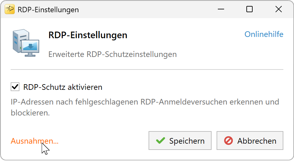 Link Ausnahmen am unteren Rand des Dialogfelds RDP-Einstellungen