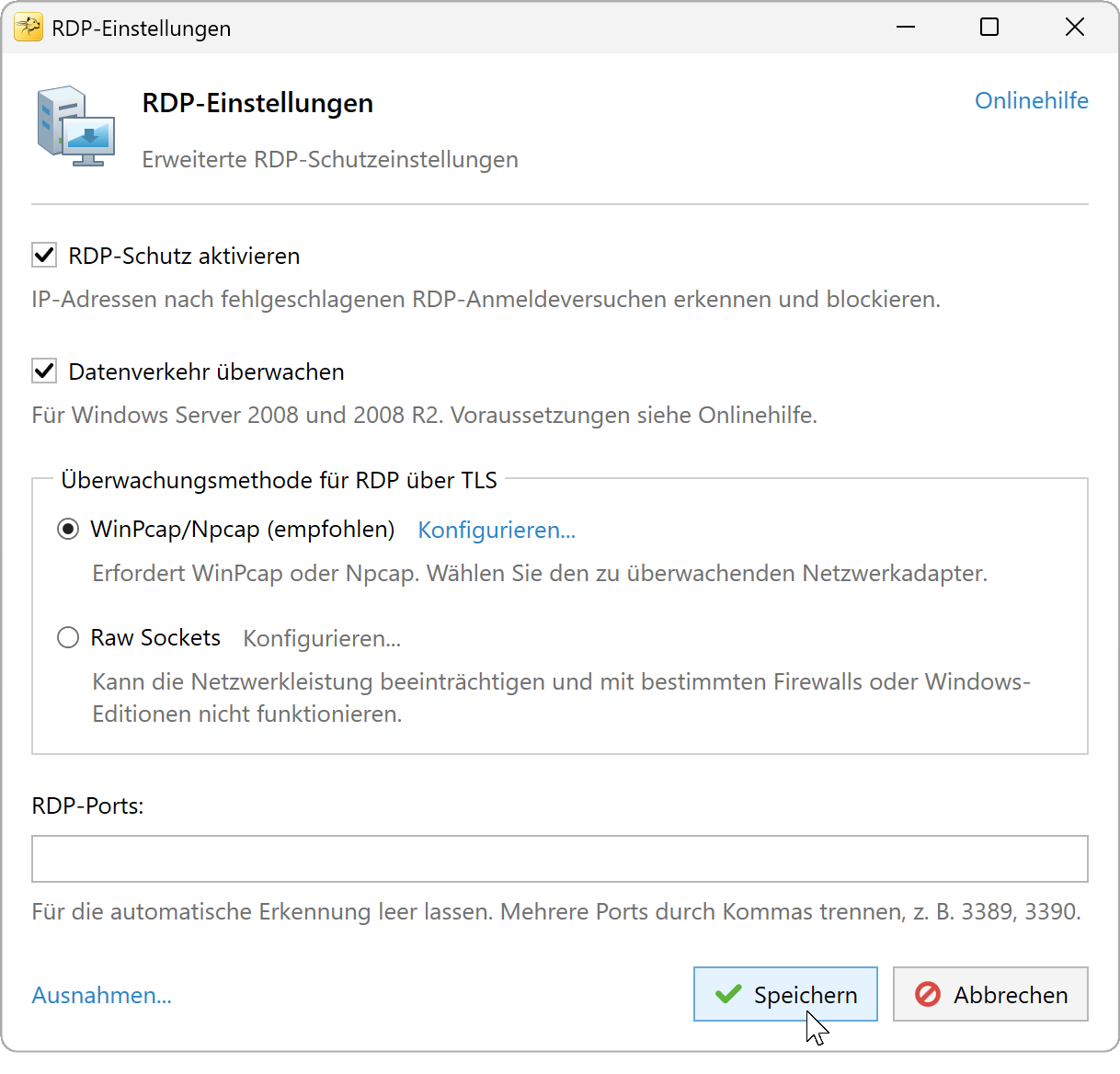RDP-Einstellungen mit aktivierter Datenverkehrsüberwachung und ausgewähltem WinPcap für Windows Server 2008