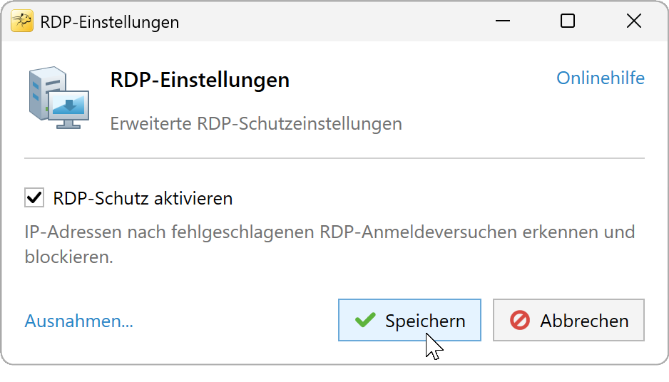 Dialogfeld RDP-Einstellungen mit aktiviertem RDP-Schutz