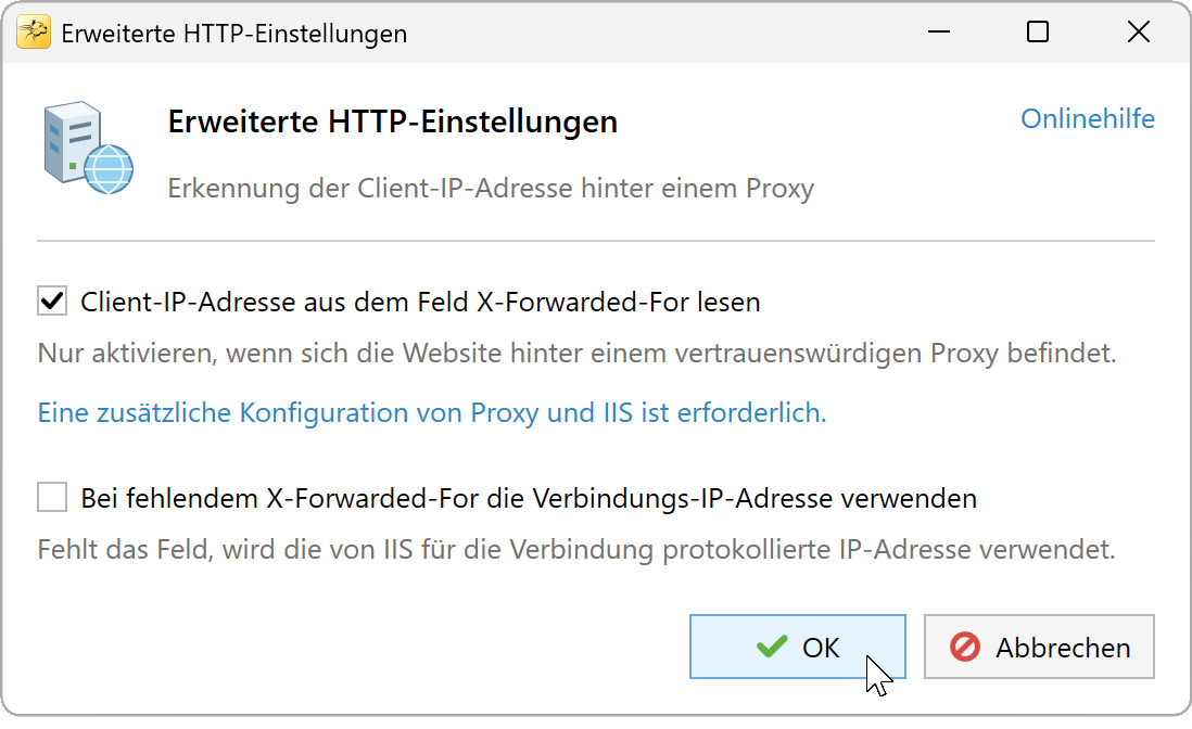 Erweiterte HTTP-Einstellungen mit aktiviertem X-Forwarded-For und deaktiviertem Rückgriff auf die Verbindungs-IP
