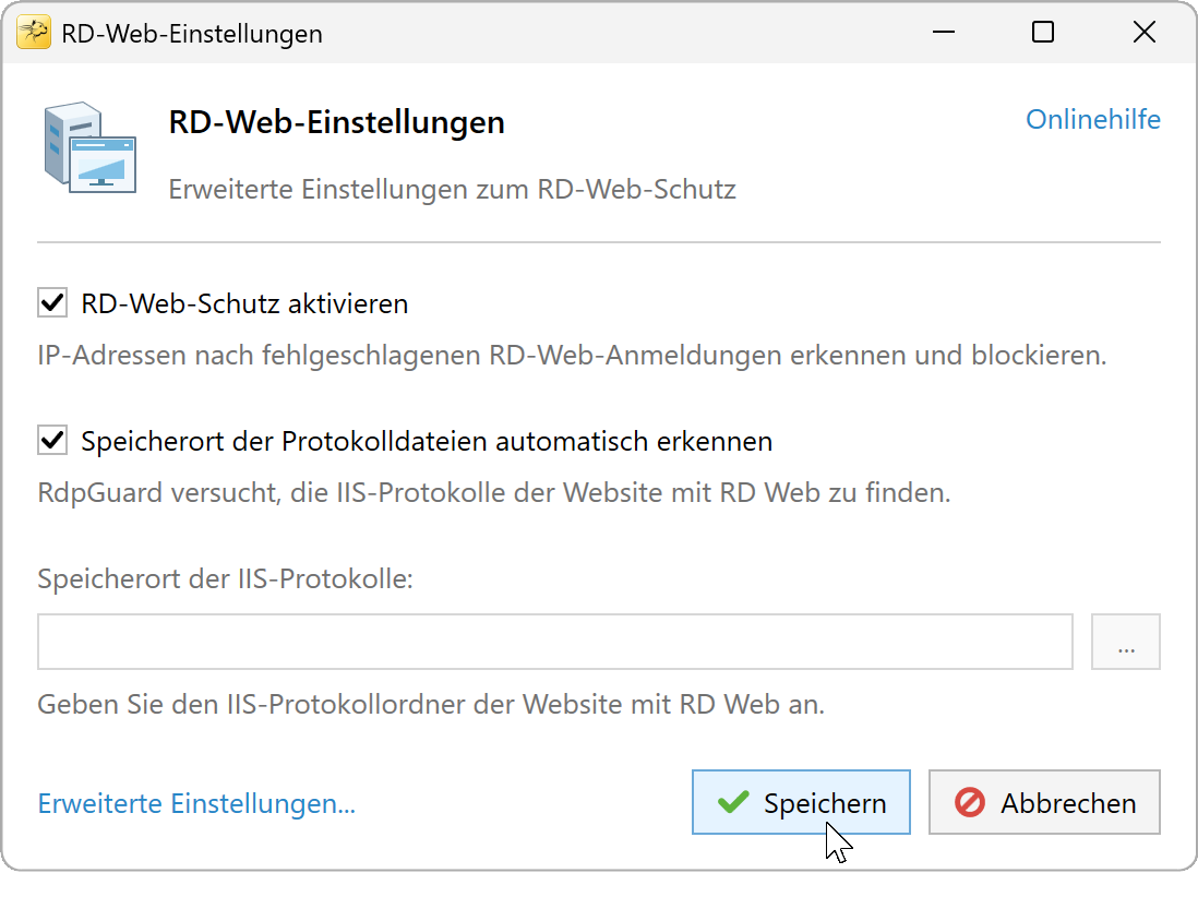 RD-Web-Einstellungen mit aktiviertem Schutz und automatischer IIS-Protokollerkennung