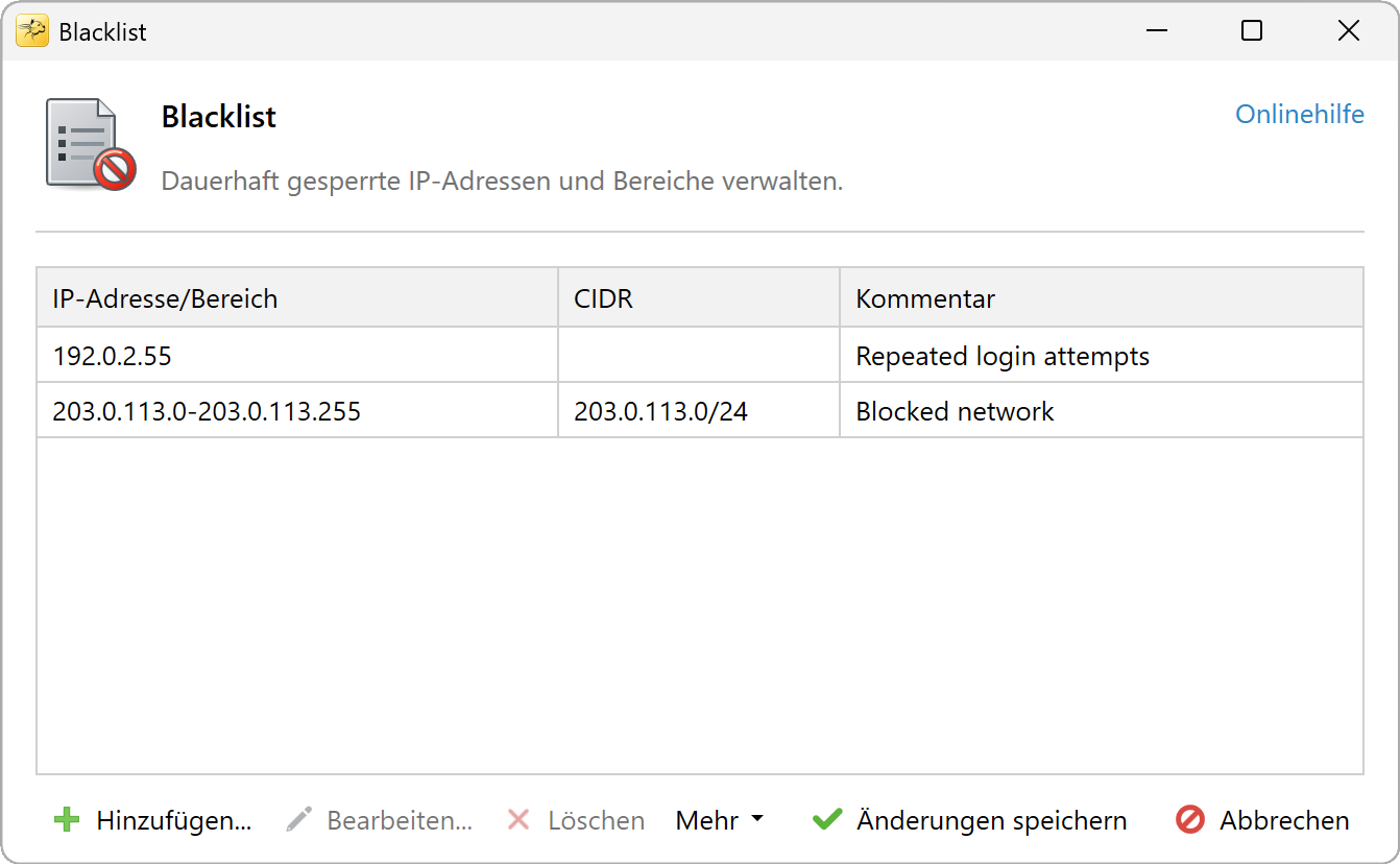 RdpGuard-Sperrliste mit gesperrten Beispiel-IP-Adressen und Bereichen