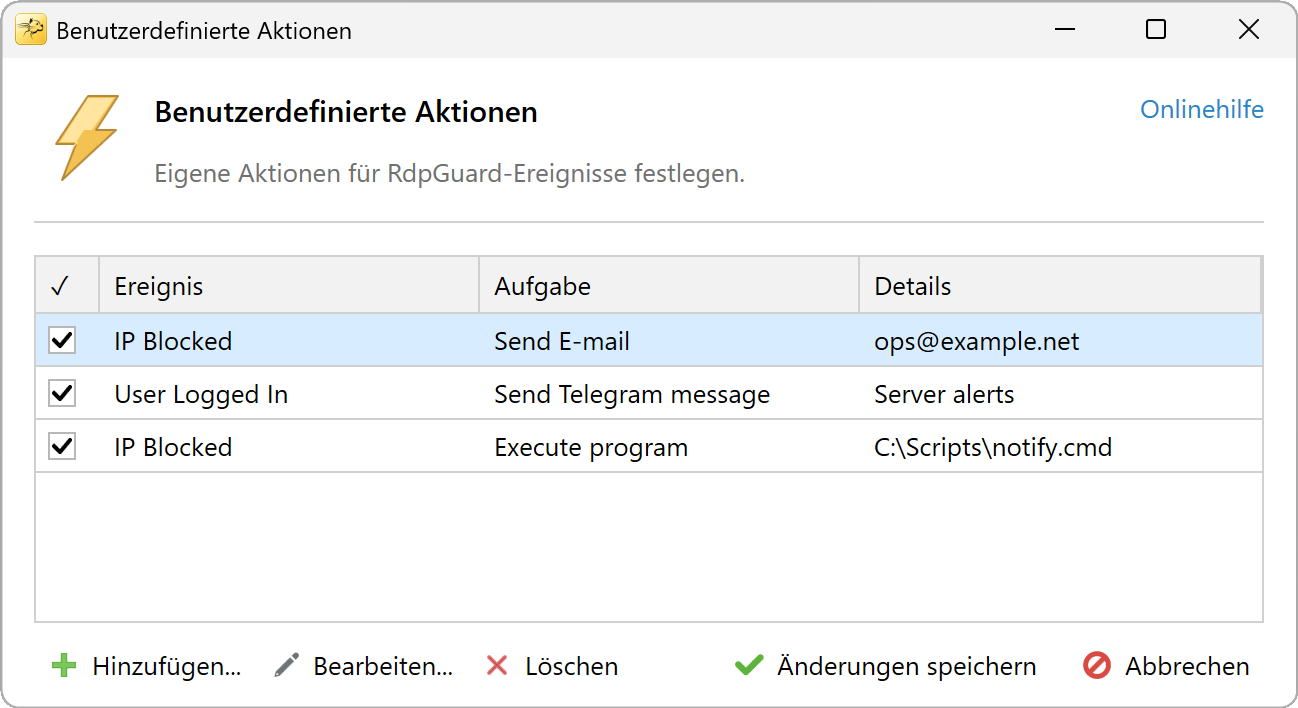 Benutzerdefinierte RdpGuard-Aktionen mit Beispielen für E-Mail, Telegram und Programmausführung