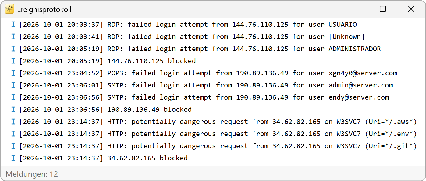 RdpGuard-Ereignisprotokoll mit fehlgeschlagenen Anmeldungen, verdächtigen HTTP-Anfragen und gesperrten IP-Adressen