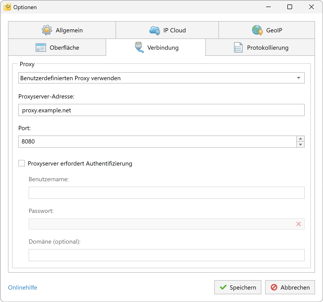 RdpGuard-Verbindungsoptionen mit einem Beispiel-Proxyserver