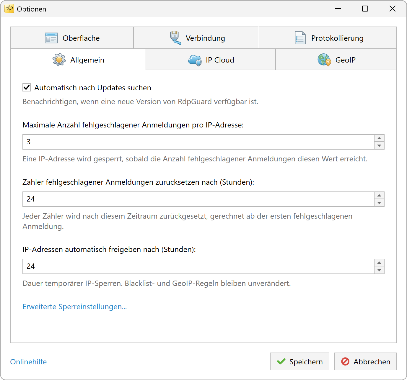 Allgemeine RdpGuard-Optionen für Anmeldegrenzwerte und automatisches Entsperren