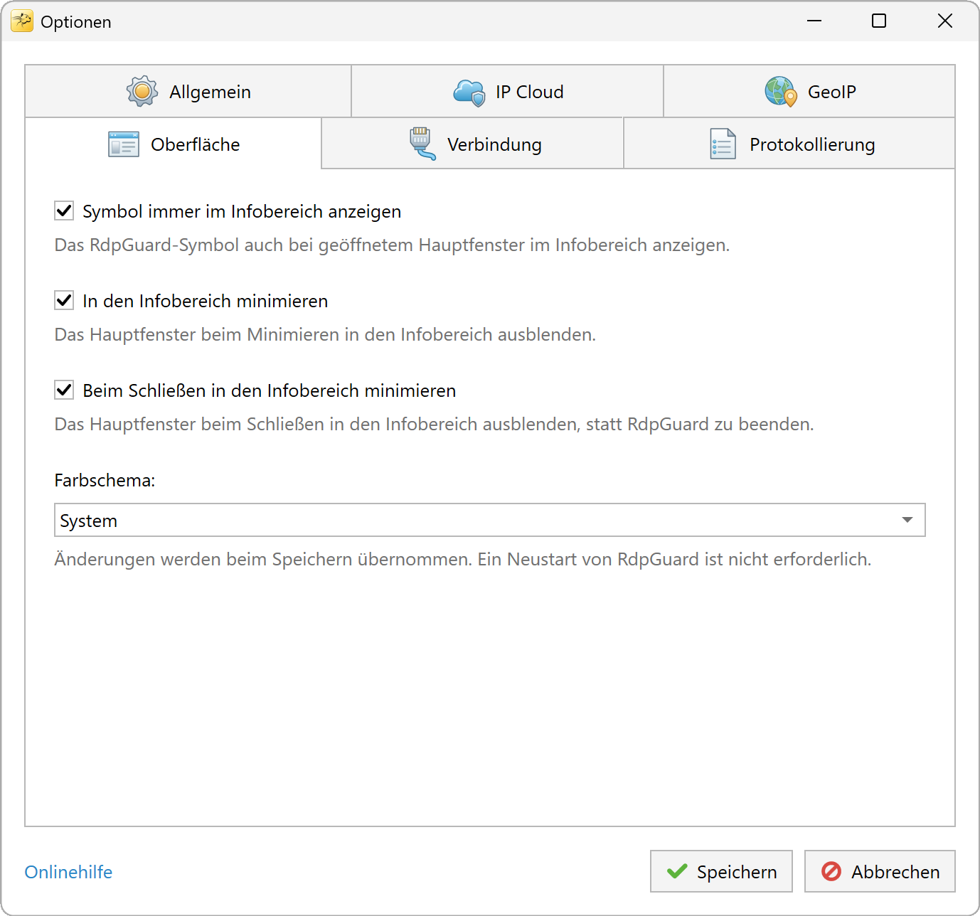 RdpGuard-Oberflächenoptionen für Infobereich und Farbschema
