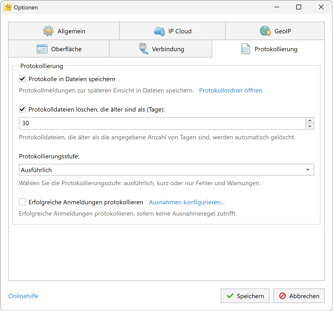 RdpGuard-Protokollierungsoptionen für Protokolldateien, Aufbewahrung und Detailgrad