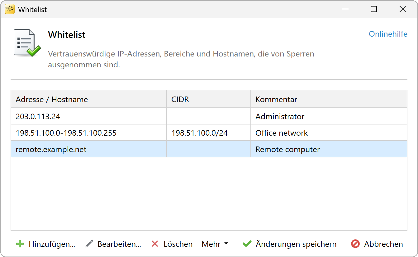 RdpGuard-Zulassungsliste mit vertrauenswürdigen Beispiel-IP-Adressen, Bereichen und Hostnamen
