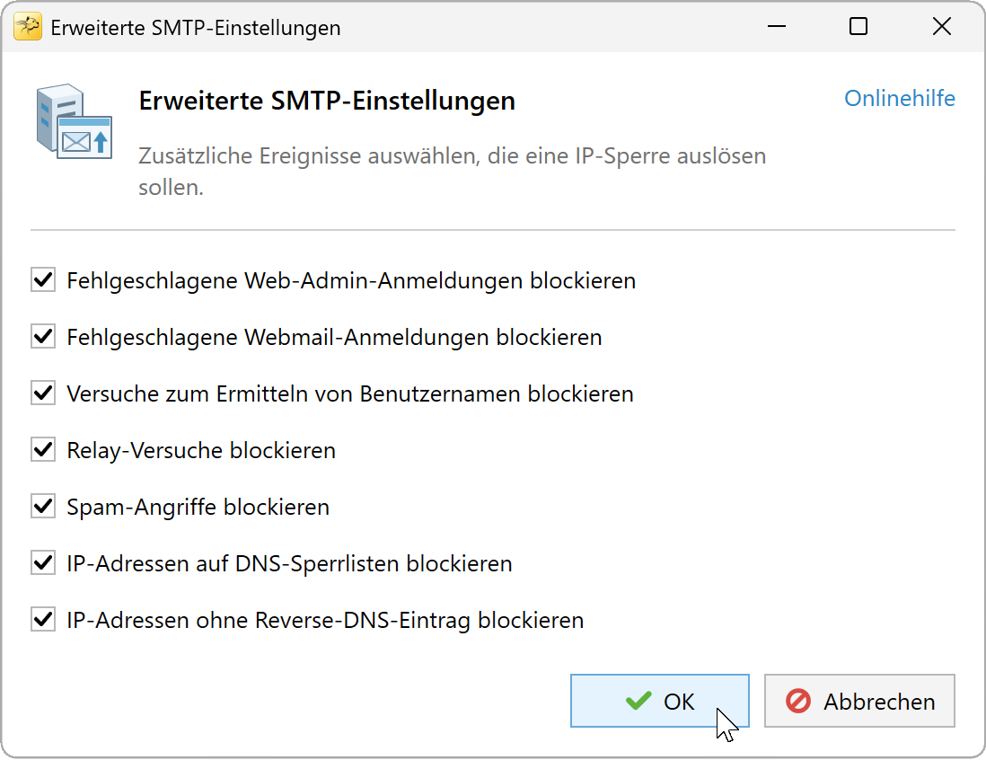 Erweiterte SMTP-Einstellungen mit allen sieben zusätzlich aktivierten Ereigniskategorien