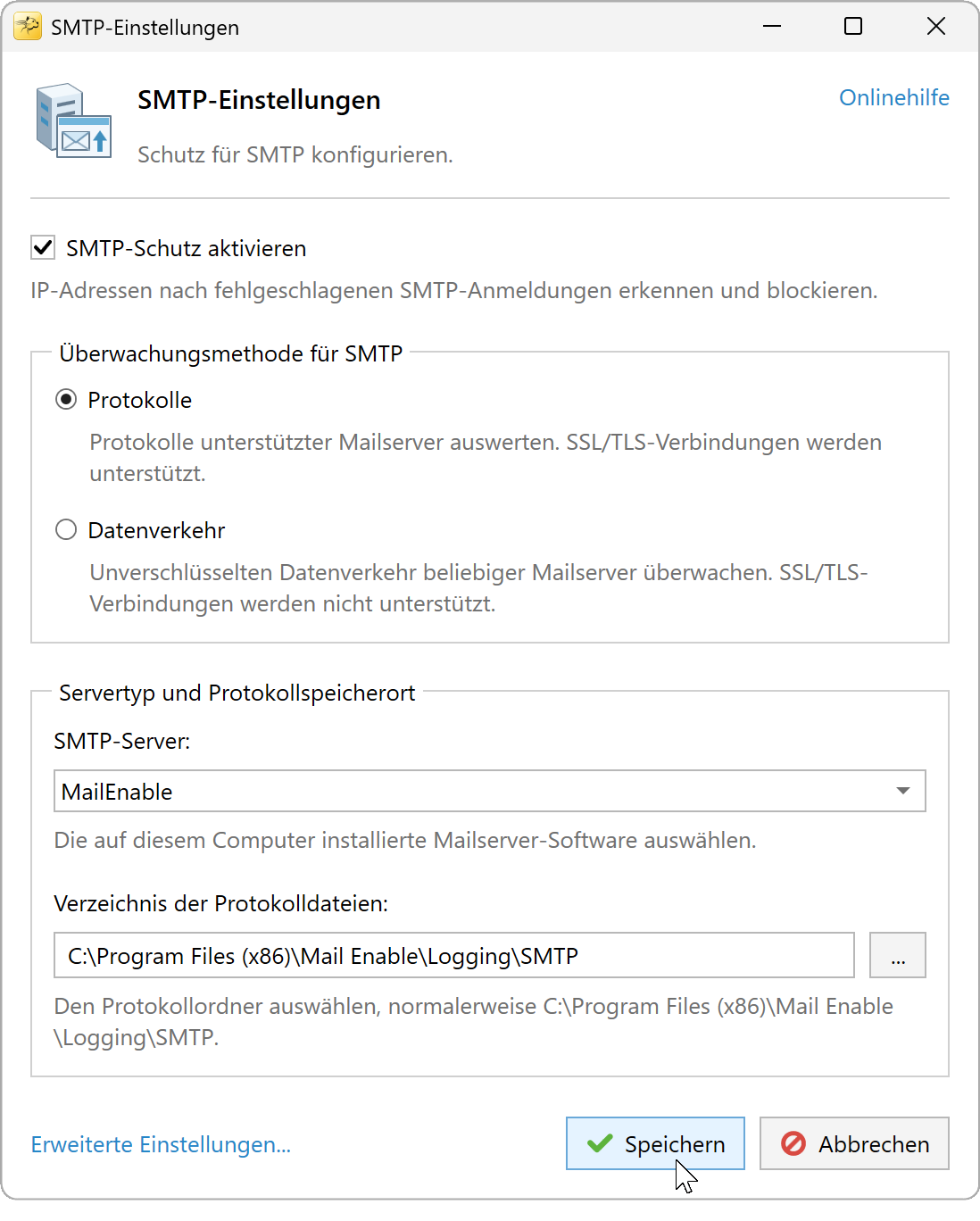 SMTP-Einstellungen mit ausgewählter Protokollüberwachung und einem MailEnable-SMTP-Protokollordner