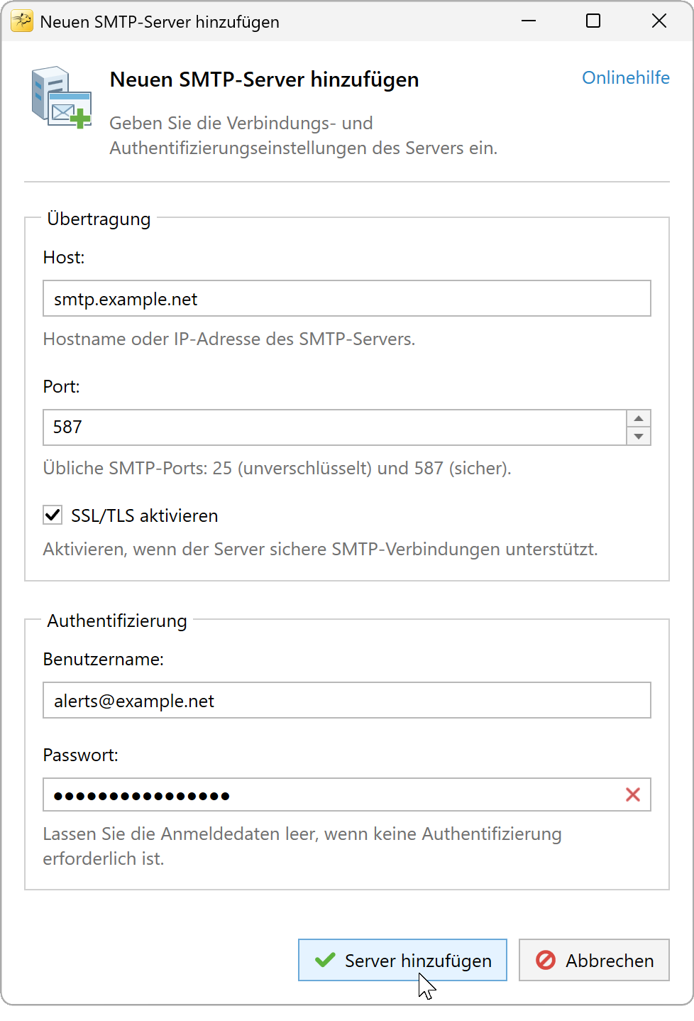 Dialogfeld Neuen SMTP-Server hinzufügen
