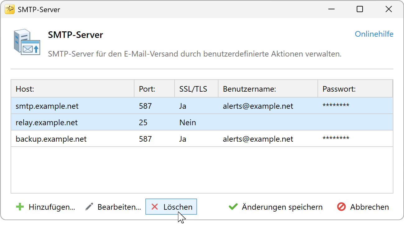 SMTP-Server auswählen und auf Löschen klicken