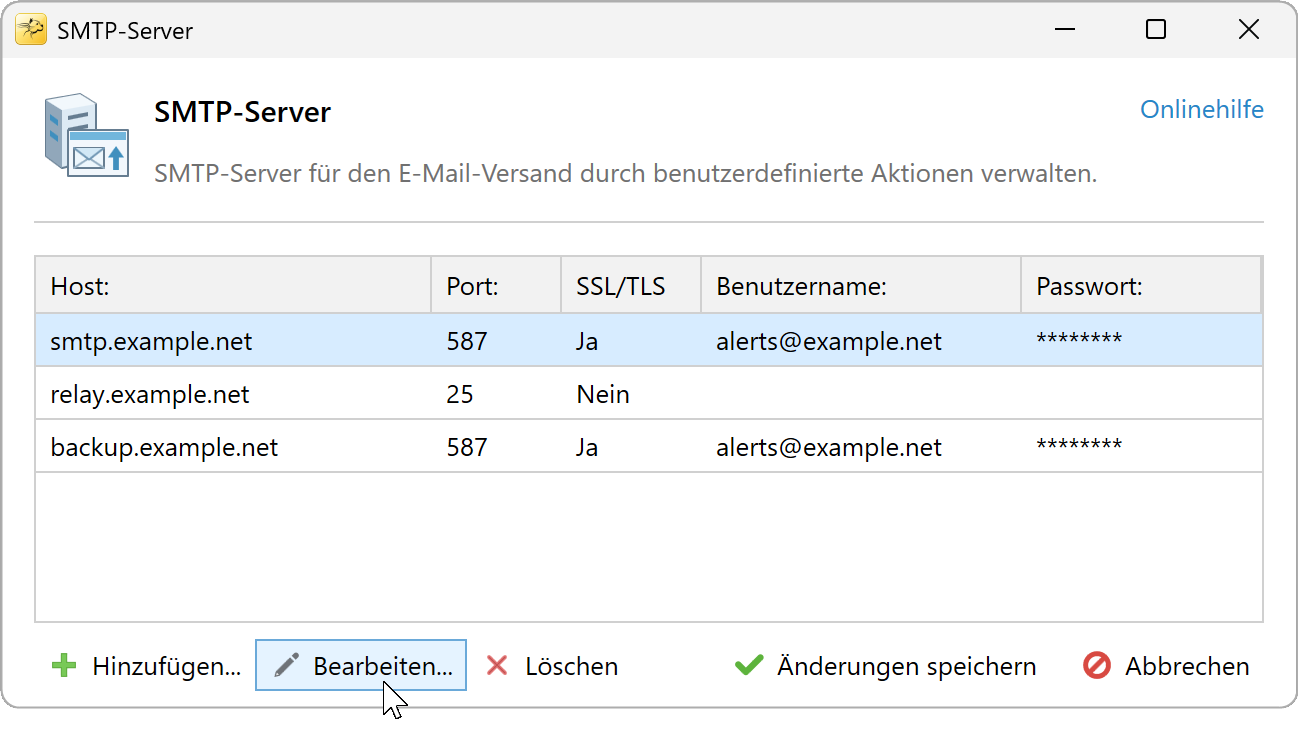 SMTP-Server auswählen und auf Bearbeiten klicken