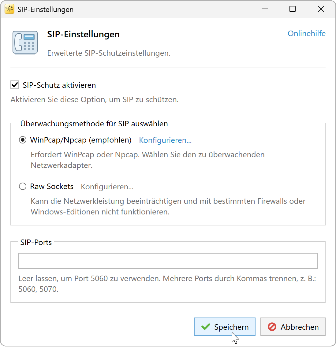 SIP-Einstellungen mit aktiviertem Schutz, ausgewähltem WinPcap/Npcap und Standard-SIP-Ports