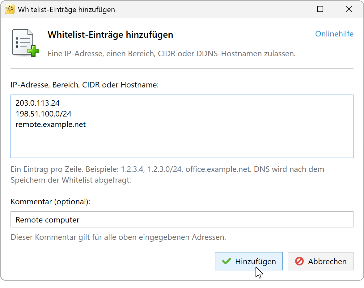 Dialogfeld zum Hinzufügen von Zulassungslisteneinträgen mit einer Adresse oder einem Hostnamen pro Zeile
