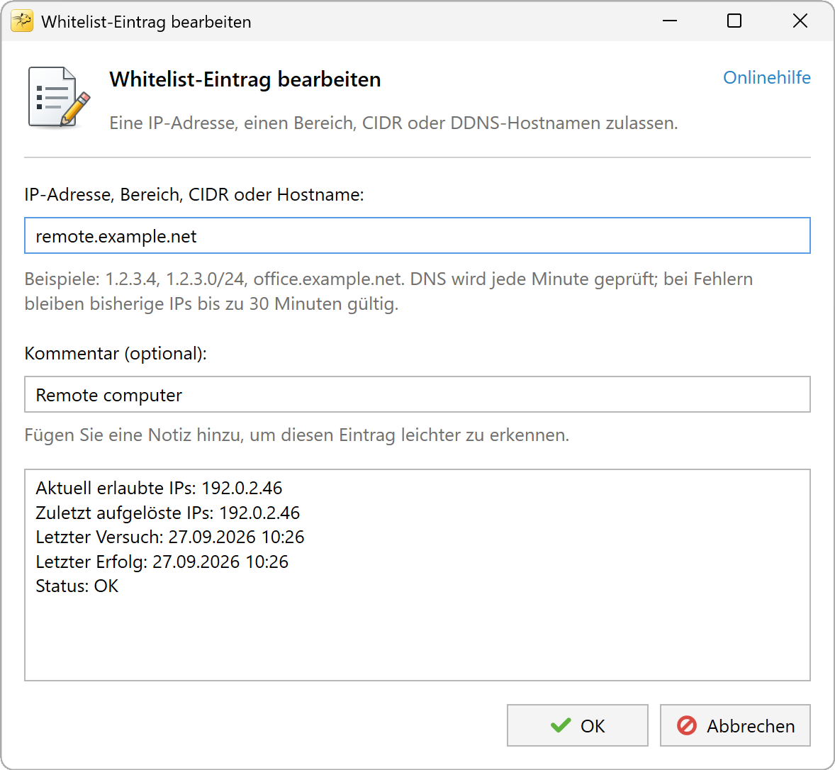 Dialogfeld Eintrag der Zulassungsliste bearbeiten mit zugelassenen IP-Adressen und DNS-Status des Hostnamens