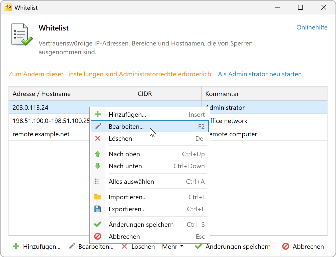 Kontextmenü der Zulassungsliste mit Bearbeiten und Löschen