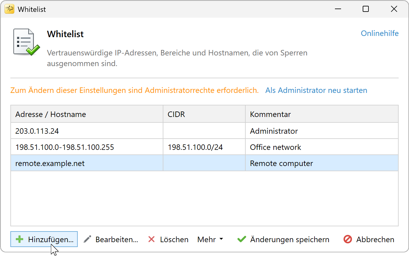 Zulassungsliste mit einer IP-Adresse, einem IP-Bereich und einem DNS-Hostnamen