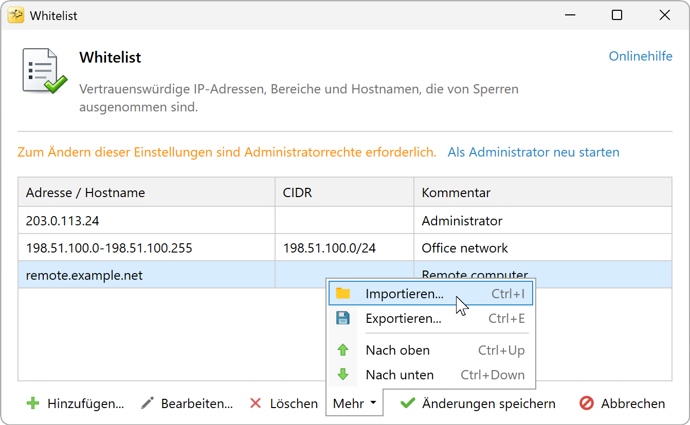 Menü Mehr der Zulassungsliste mit Importieren und Exportieren