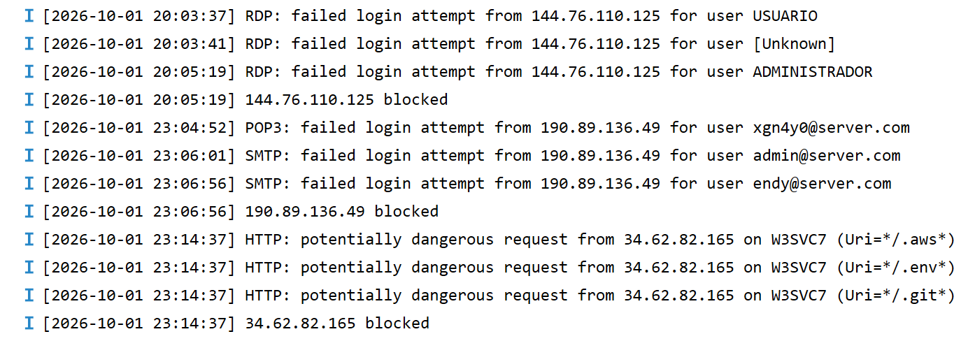 RdpGuard Event Log showing failed logins, suspicious HTTP requests and automatic IP blocking