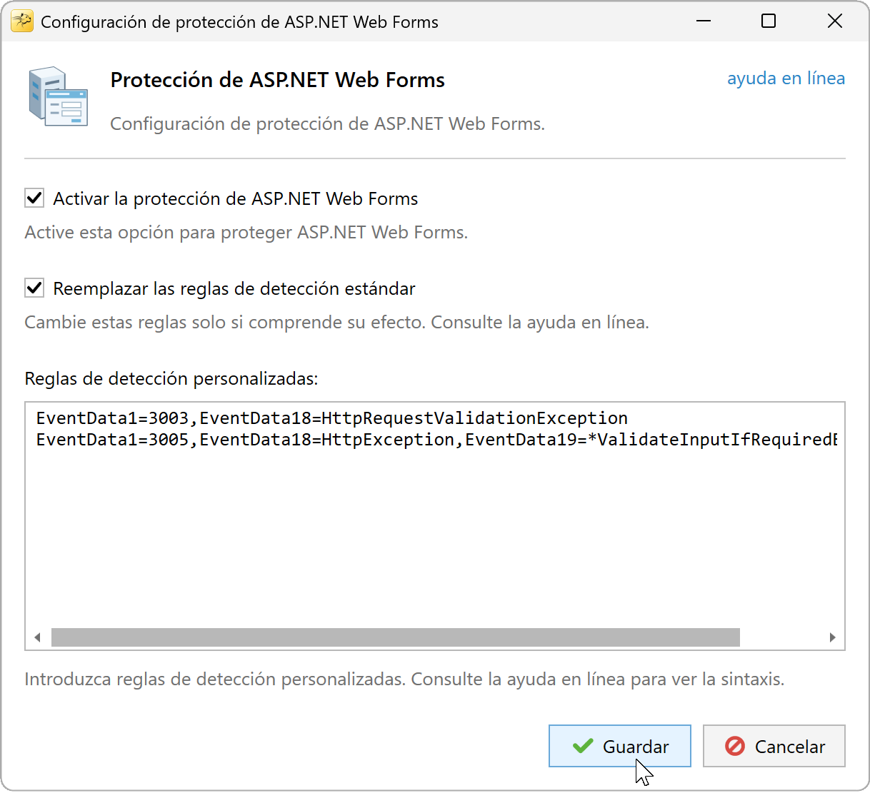 Reglas personalizadas habilitadas con las dos reglas estándar conservadas