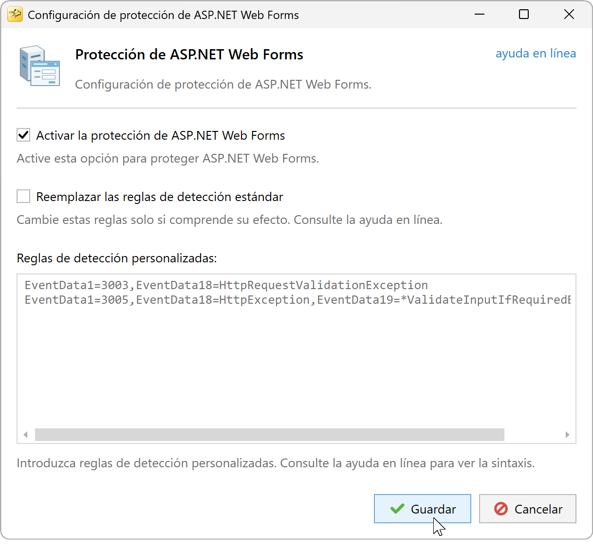 Protección ASP.NET Web Forms habilitada con las reglas de detección estándar