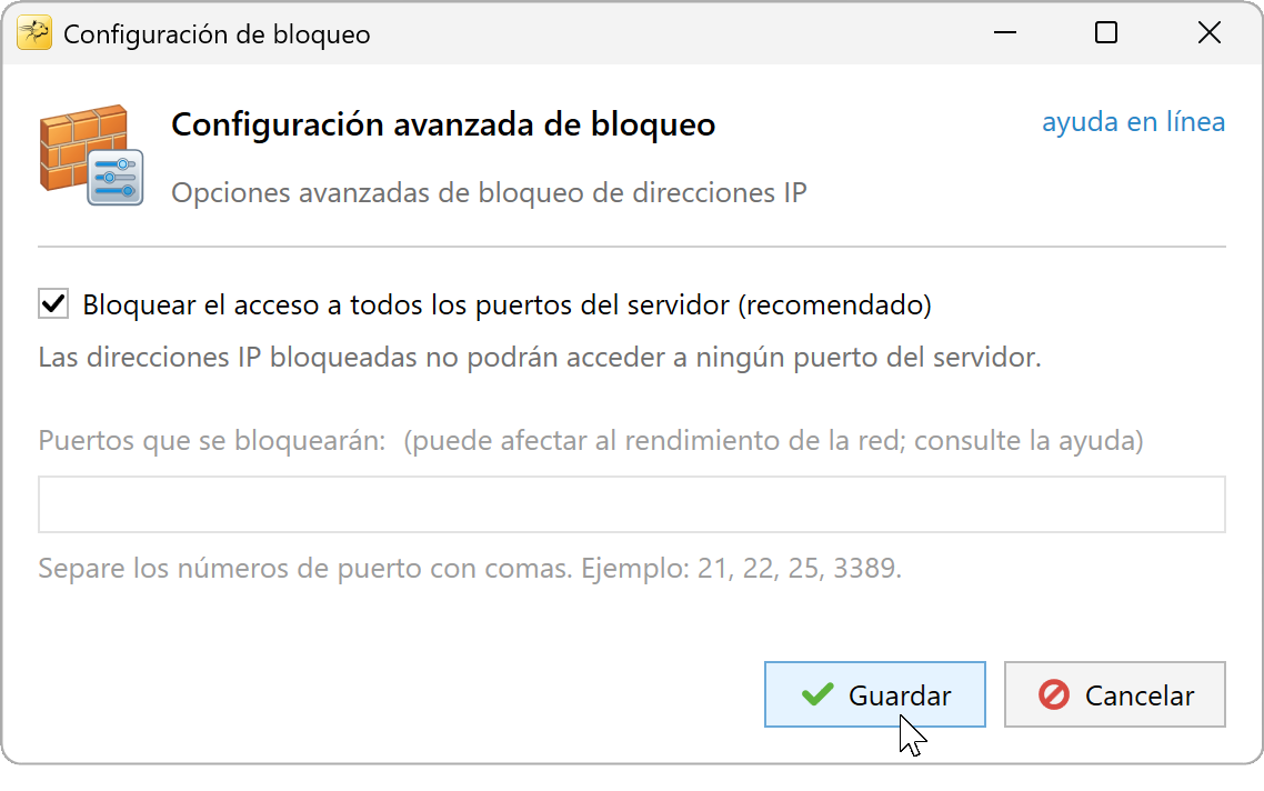 Configuración de bloqueo con todos los puertos del servidor seleccionados