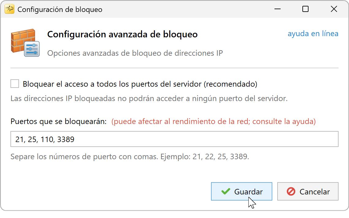 Configuración de bloqueo con los puertos 21, 25, 110 y 3389