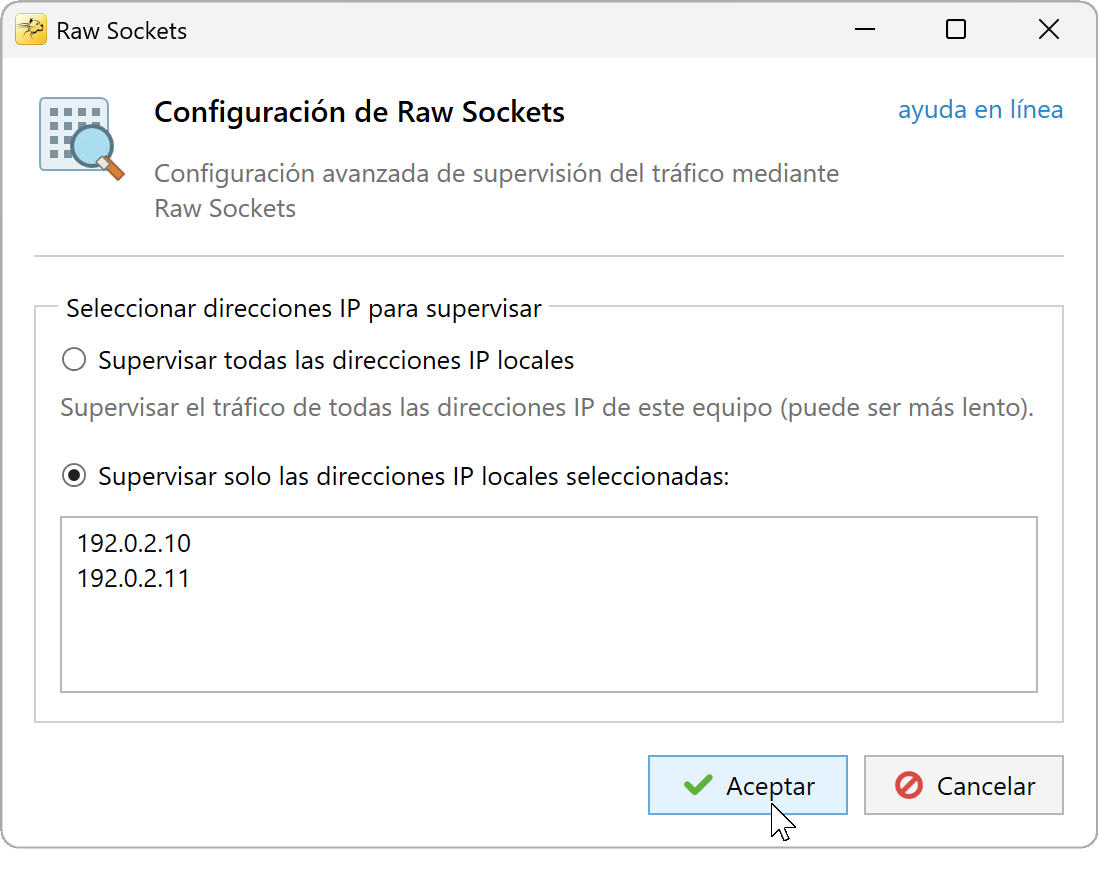Configuración de sockets sin procesar con una IPv4 local por línea