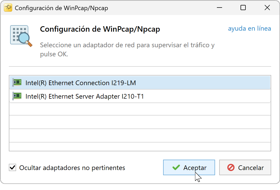 Configuración de WinPcap/Npcap con un adaptador Ethernet seleccionado y el filtro de adaptadores habilitado