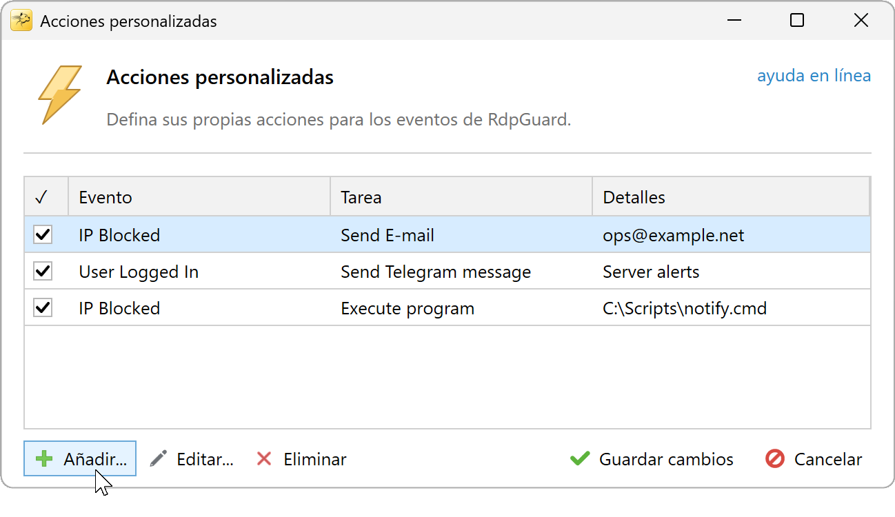 Cuadro de diálogo Acciones personalizadas