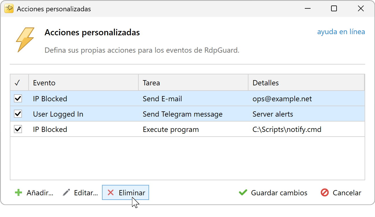 Eliminar acciones personalizadas