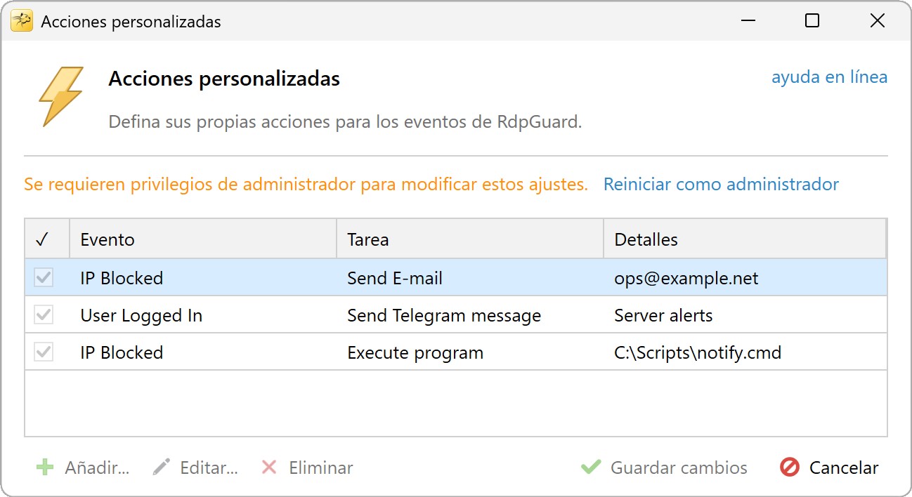 Acciones personalizadas sin permisos de administrador