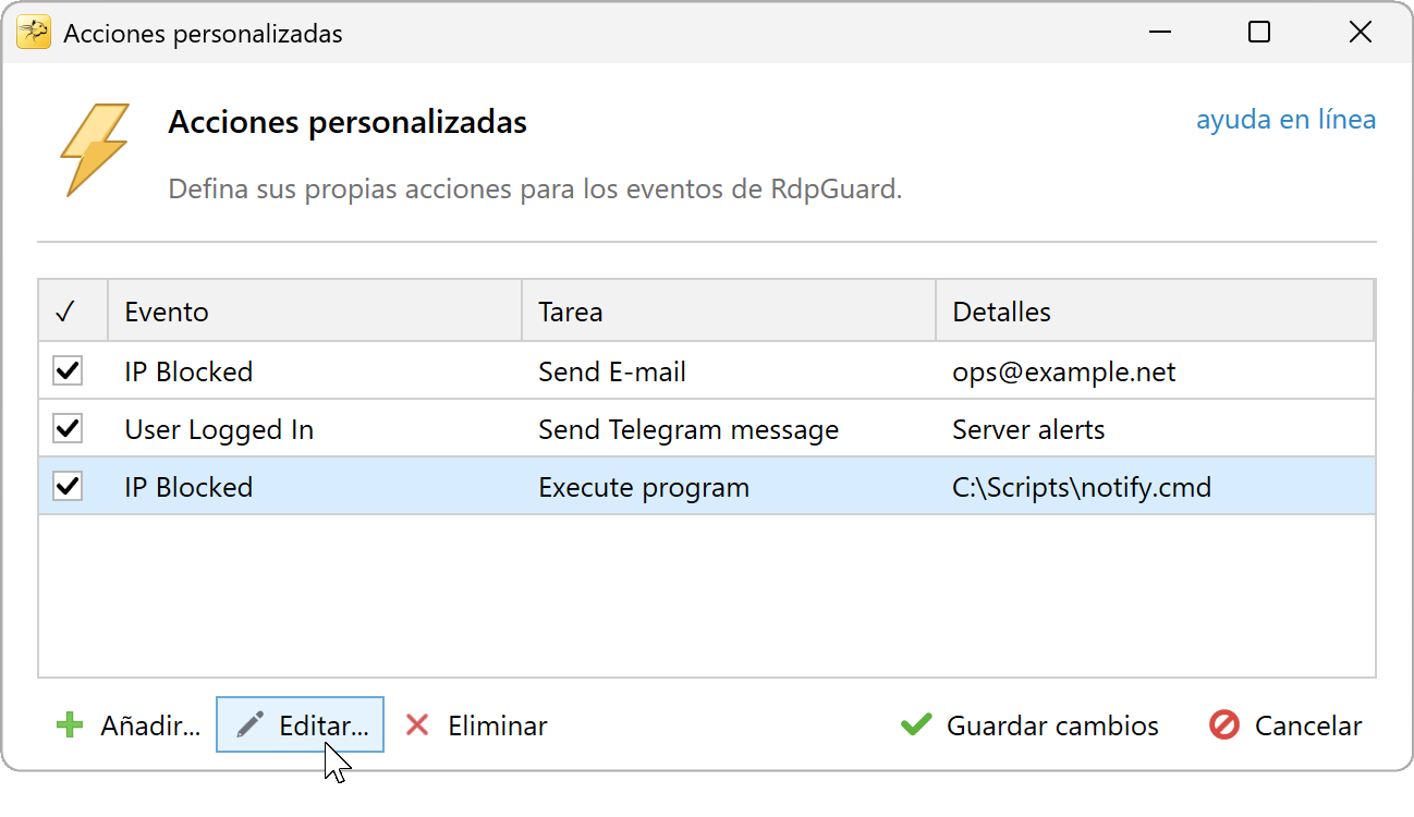 Cuadro de diálogo Acciones personalizadas