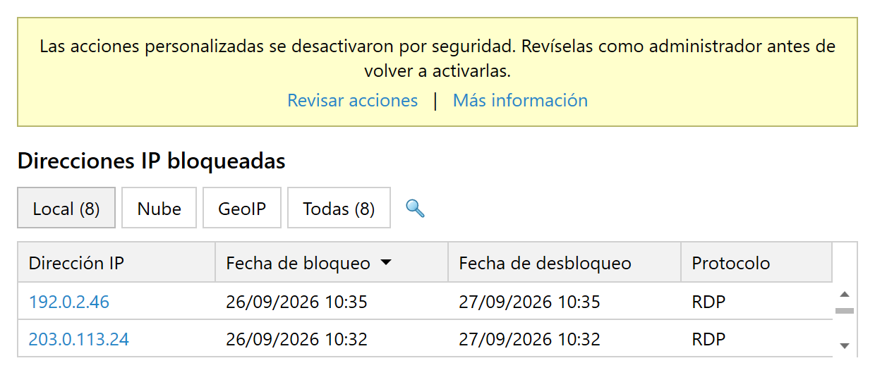 Advertencia de deshabilitación de acciones por motivos de seguridad