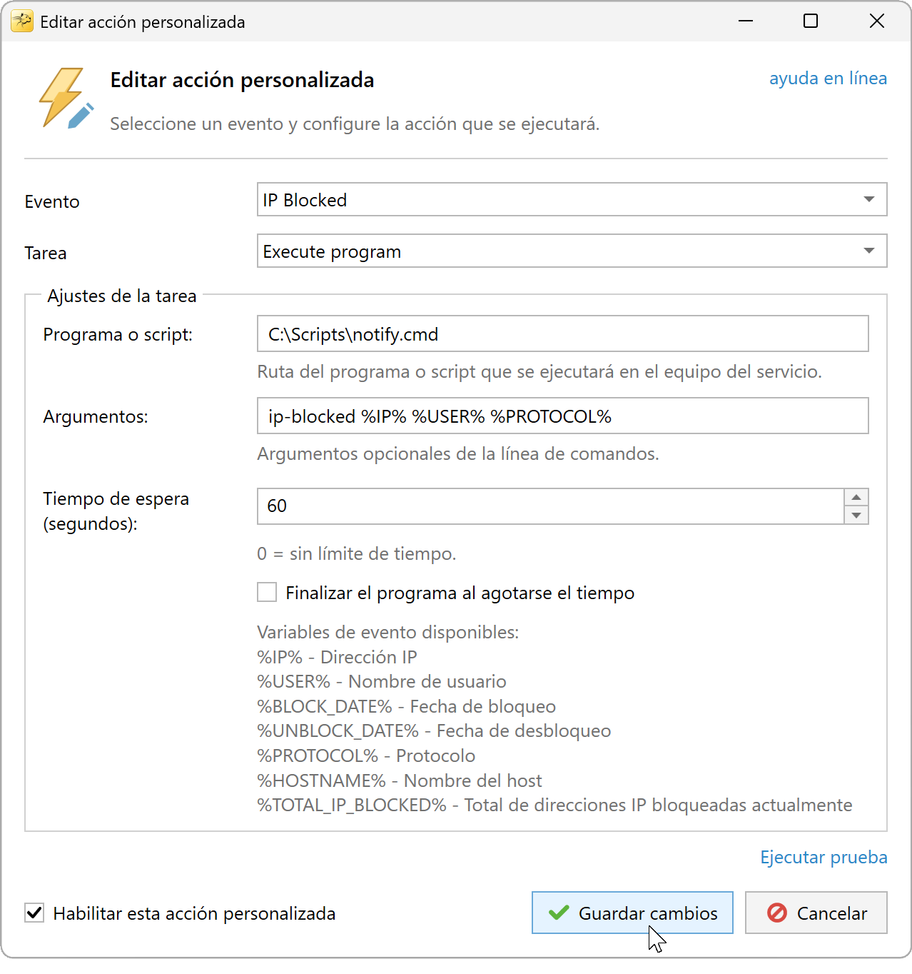 Cuadro de diálogo Editar acción personalizada