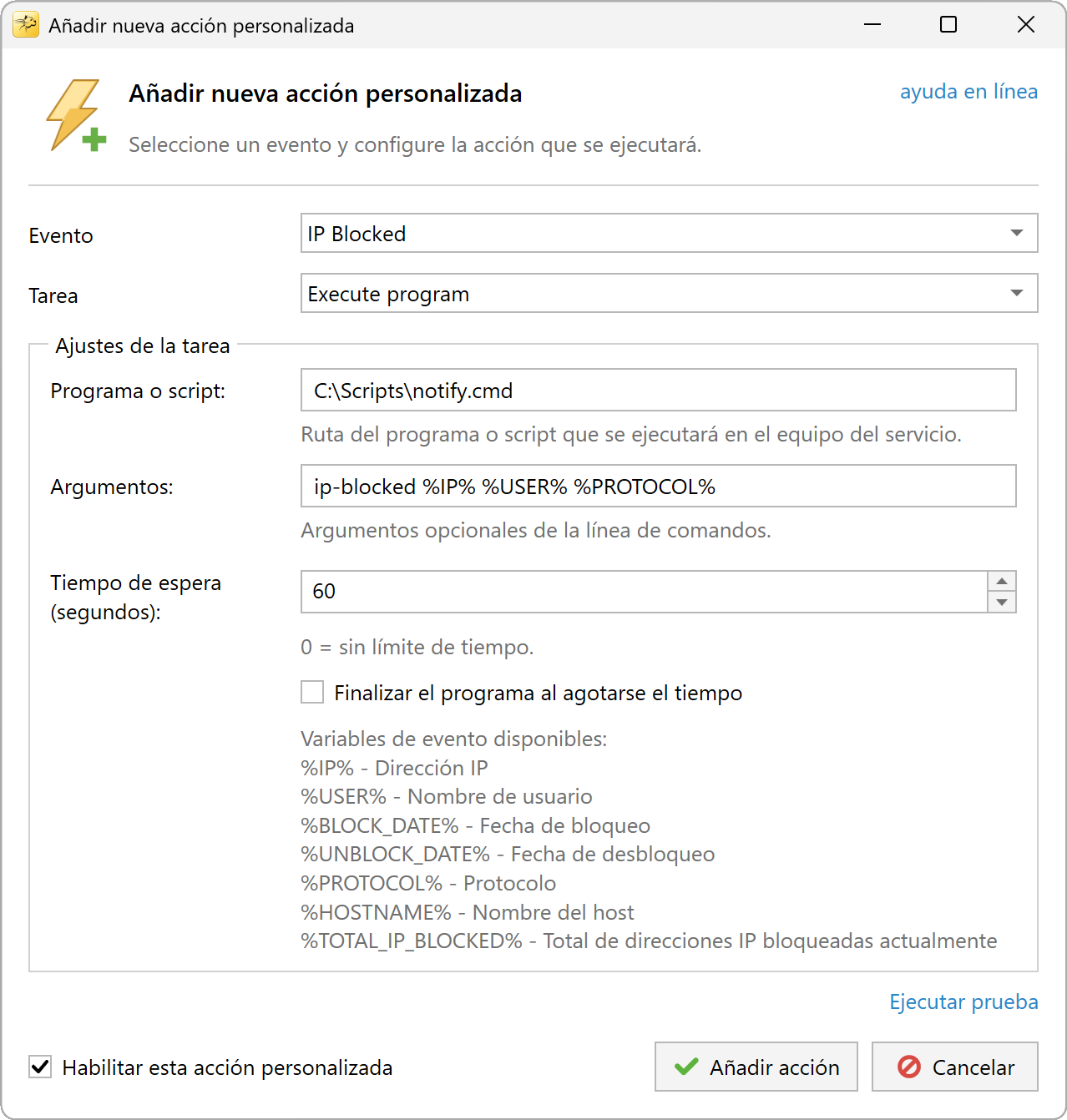 Configuración de la acción Ejecutar un programa