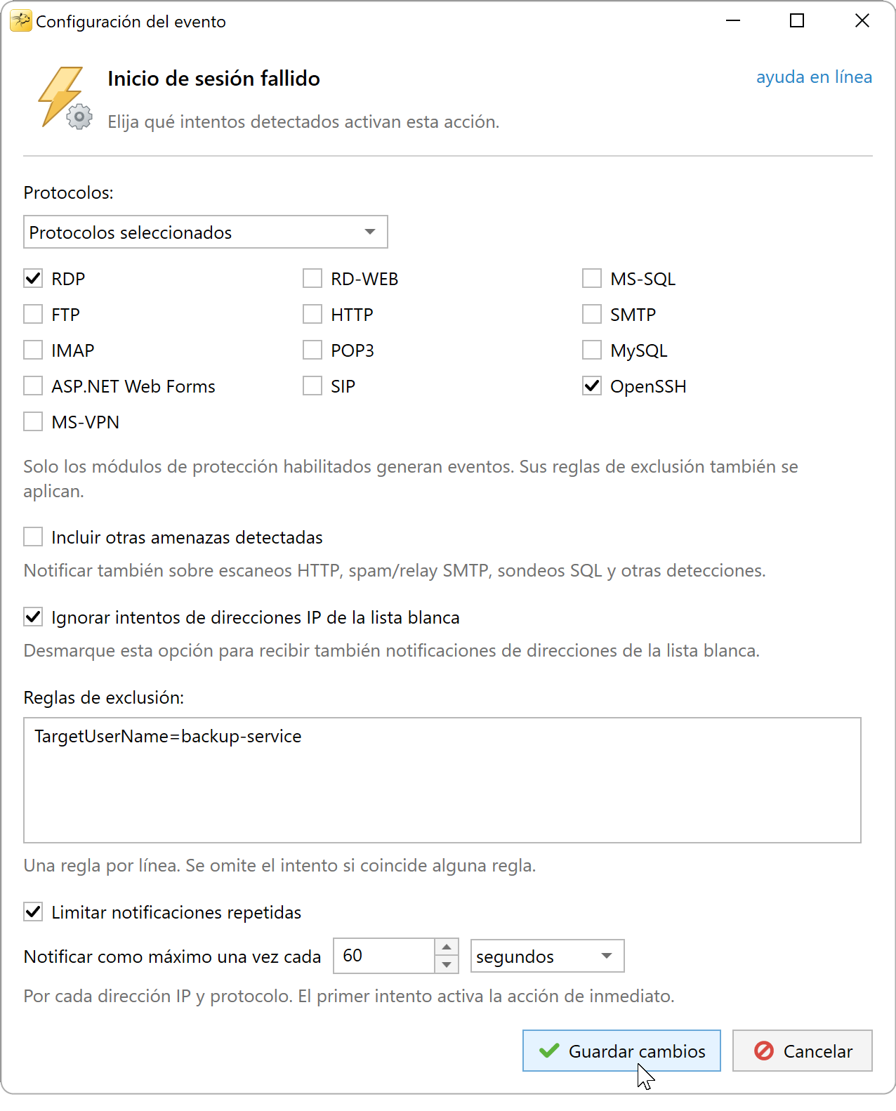 Ejemplo de configuración para las notificaciones de inicio de sesión fallido.