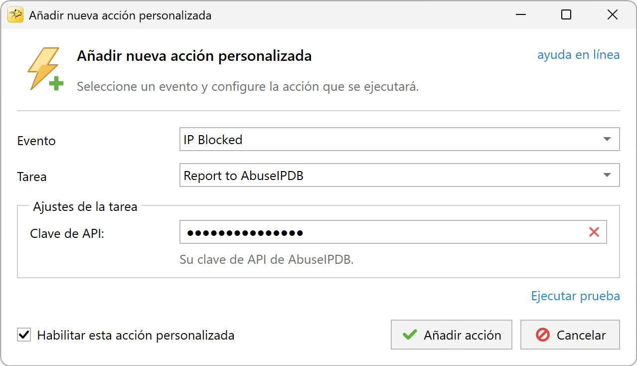 Configuración de la acción Informar a AbuseIPDB