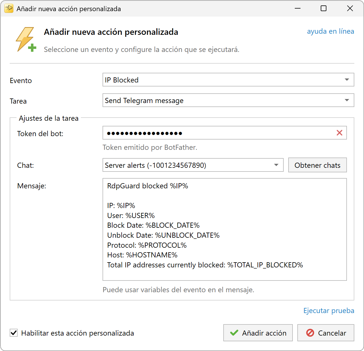 Configuración de la acción Enviar mensaje de Telegram