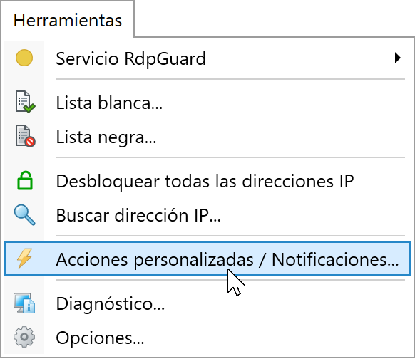 Haga clic en Herramientas, Acciones personalizadas / Notificaciones