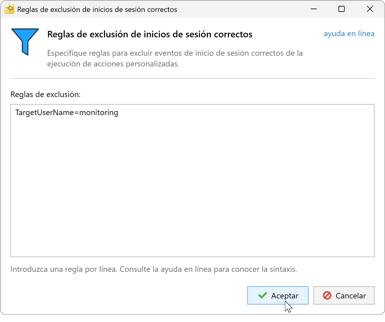 Reglas de exclusión de inicios de sesión correctos