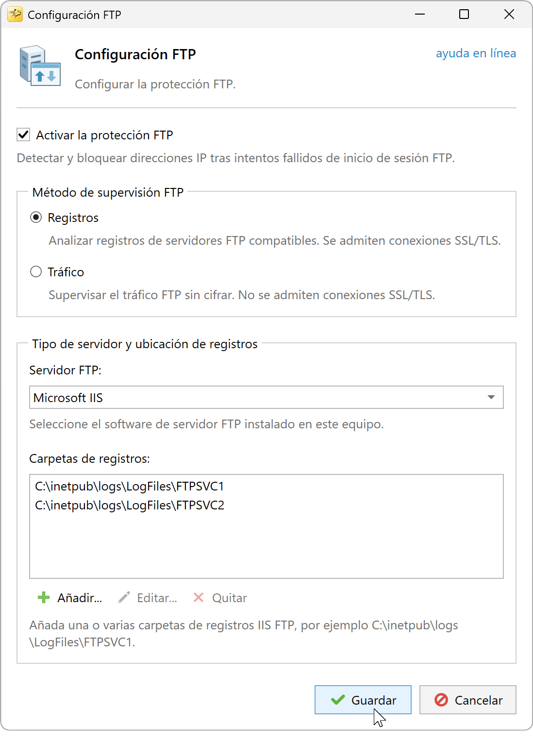 Configuración FTP con Registros seleccionado y dos carpetas IIS FTP