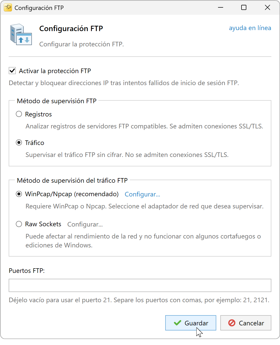 Configuración FTP con Tráfico y WinPcap/Npcap seleccionados y el campo de puertos vacío